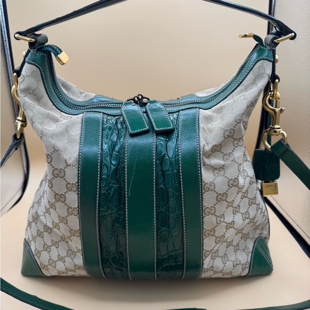 RARE Gucci GG Green and Beige Canvas with Crocodile Trim Medium Hobo Women's bag
